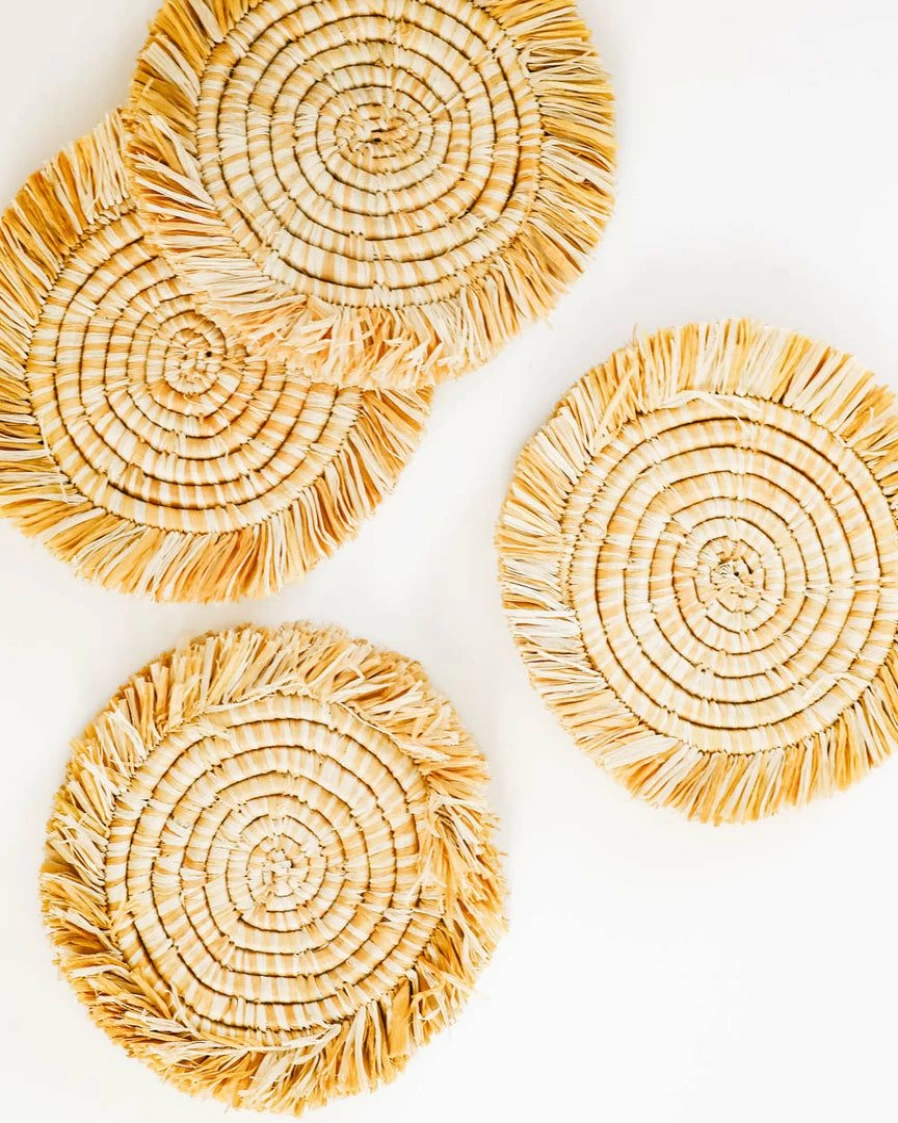 "Edlyn Fringed Heathered Coasters in Mustard - Set of 4 Boho Home Decor"