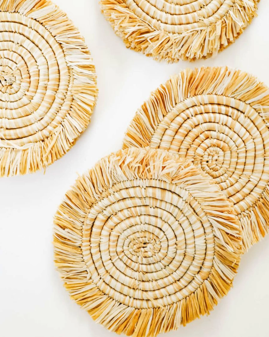 "Edlyn Fringed Heathered Coasters in Mustard - Set of 4 Boho Home Decor"
