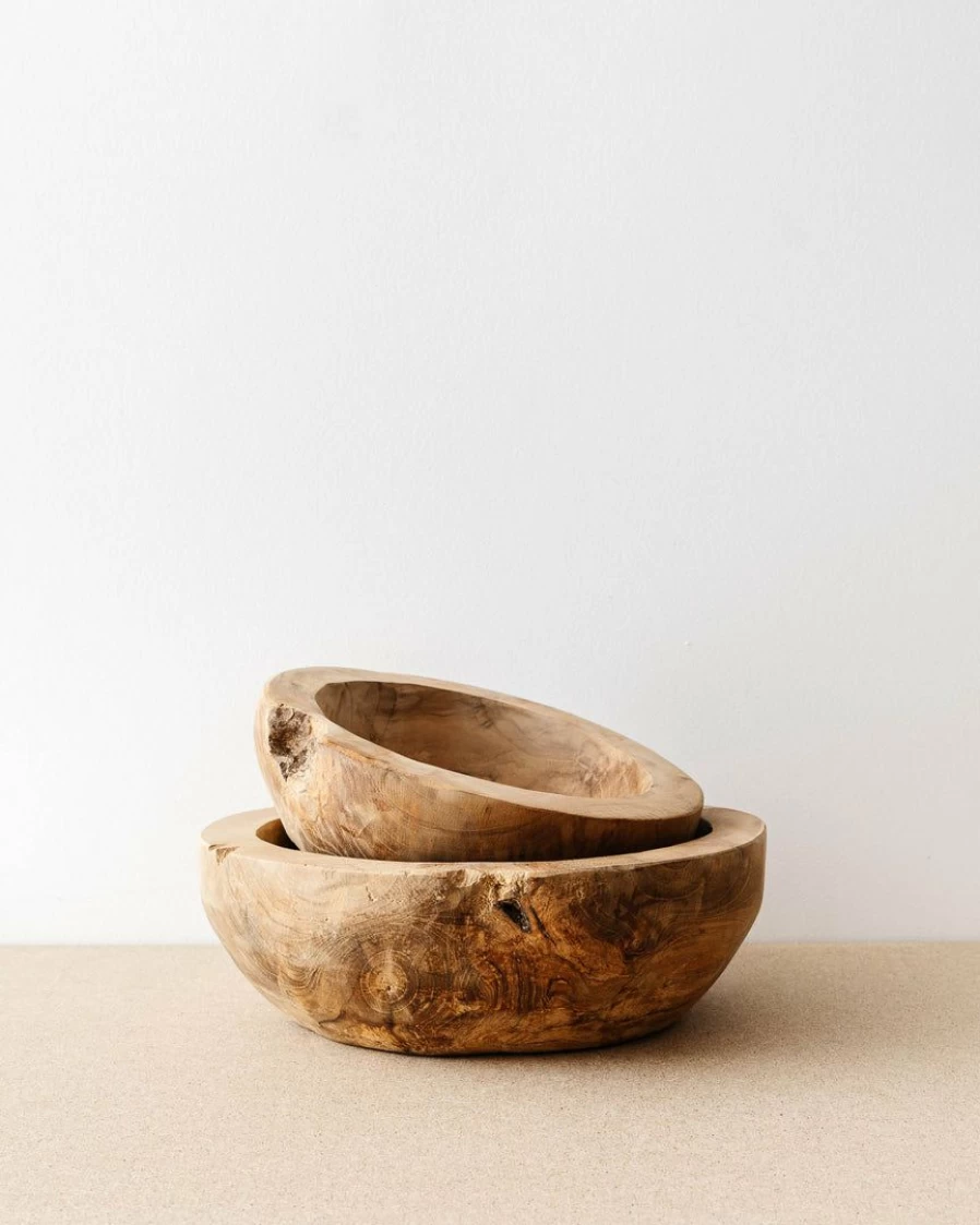 "Set of 2 Handcrafted Chunky Teakwood Bowls for Creative Serving and Decor"
