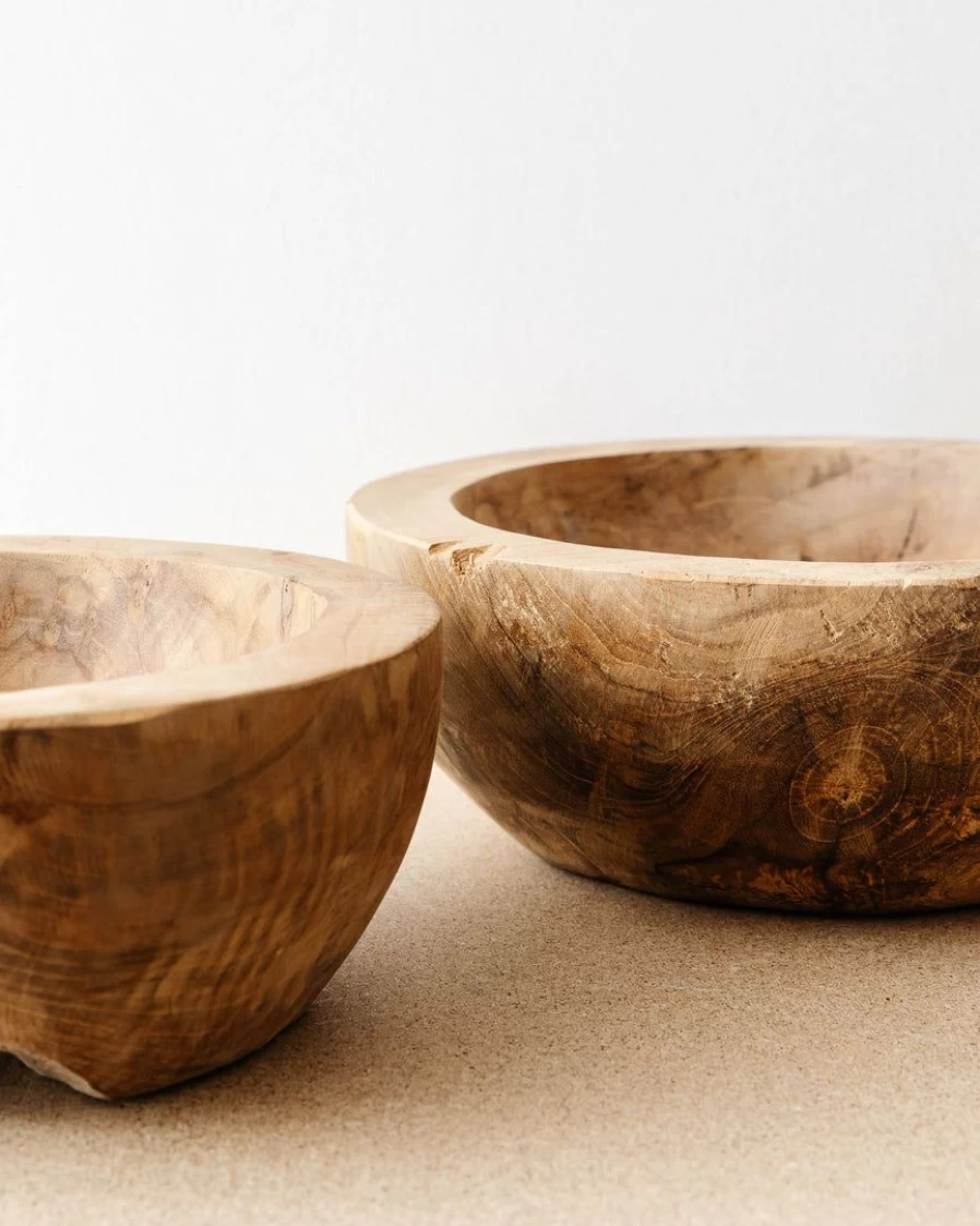 "Set of 2 Handcrafted Chunky Teakwood Bowls for Creative Serving and Decor"