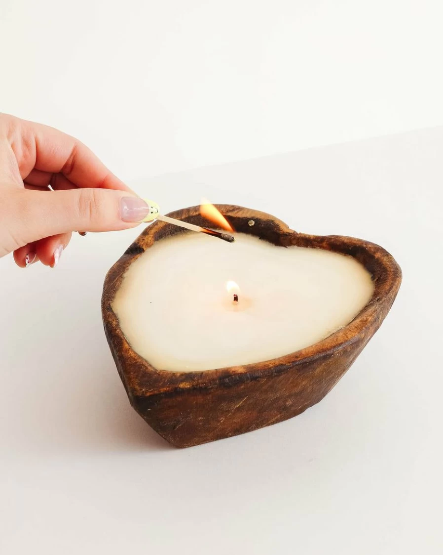 Hand Carved Wooden Heart Candle - Stash Style Decorative Scented Candle for Home Decor