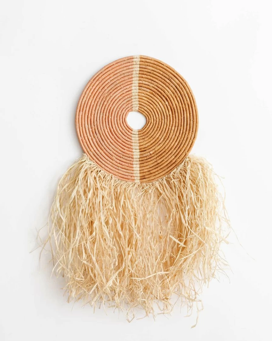 "Peach Raffia Fringe Wall Hanging – Boho Chic Home Decor for Modern Interiors"