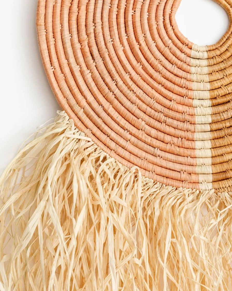 "Peach Raffia Fringe Wall Hanging – Boho Chic Home Decor for Modern Interiors"