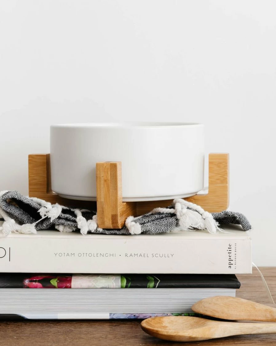 Handcrafted Ceramic Bowl with Wooden Base - Modern Dining & Kitchen Serveware