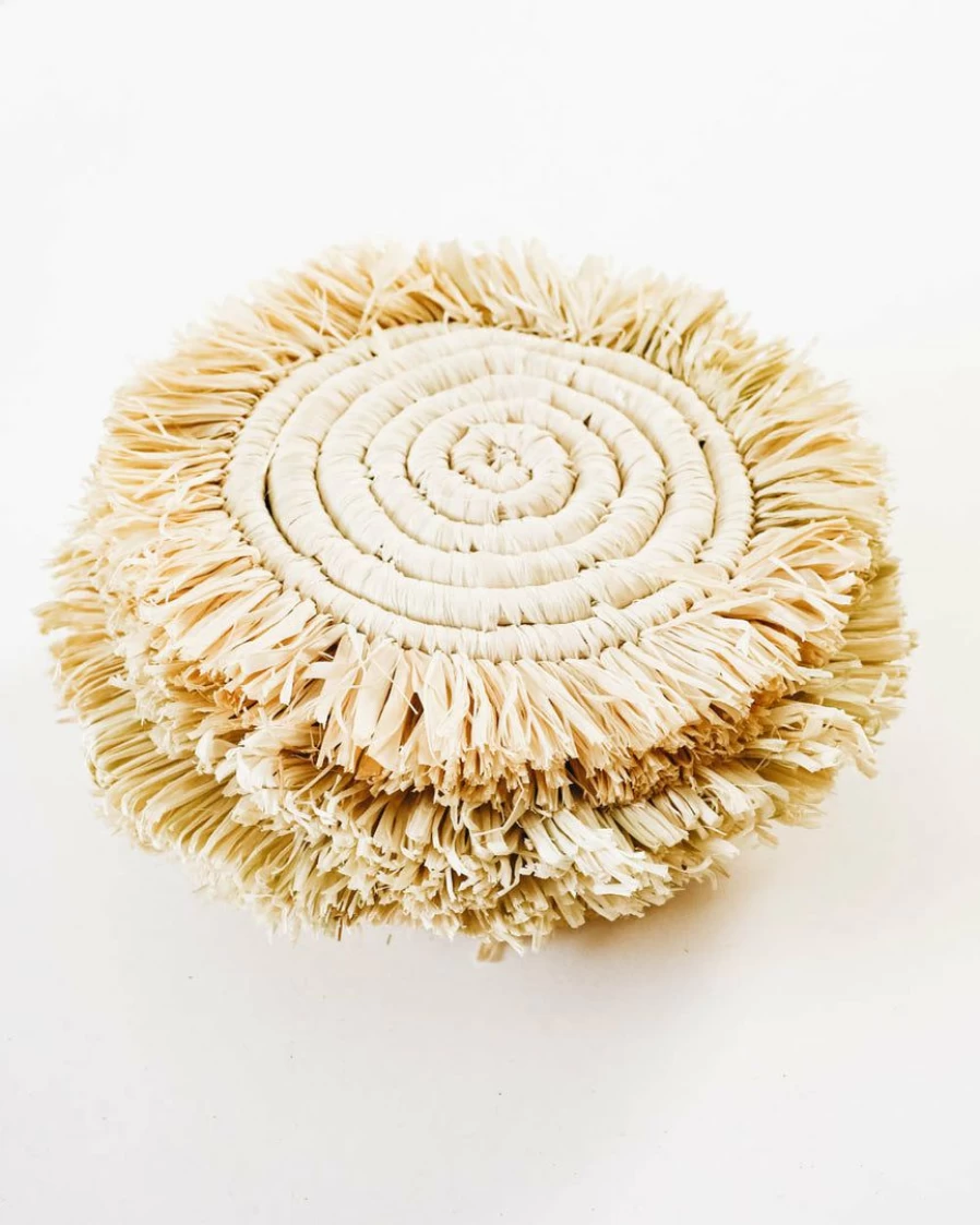 Natural Raffia Coasters with Fringe - Edlyn Style by Lone Fox - Set of 4 Boho Home Decor