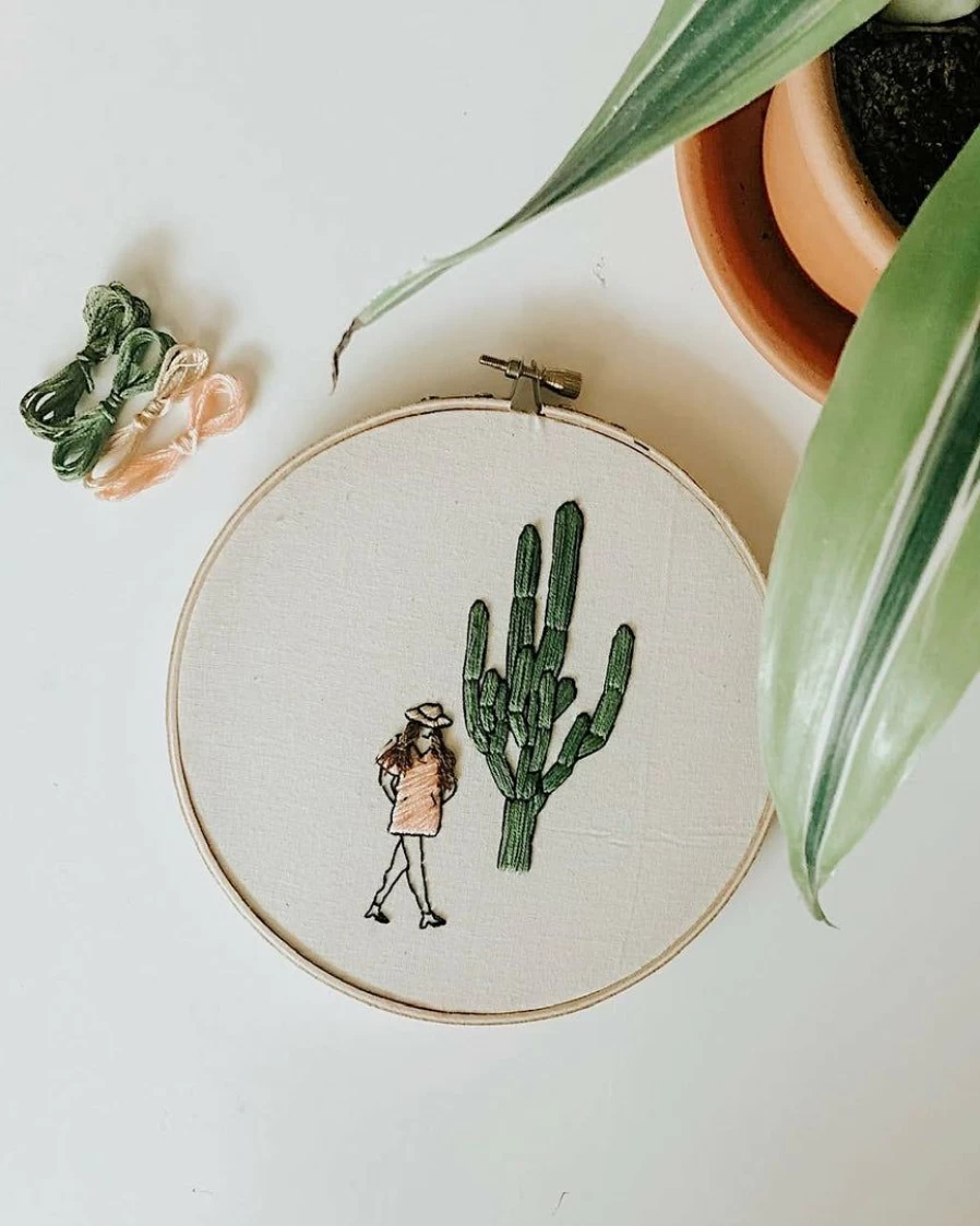 Lone Fox "Saguaro Belle" DIY Embroidery Kit for Beginners - Cactus Design Hand Sewing Set with Thread, Needle, and Pattern