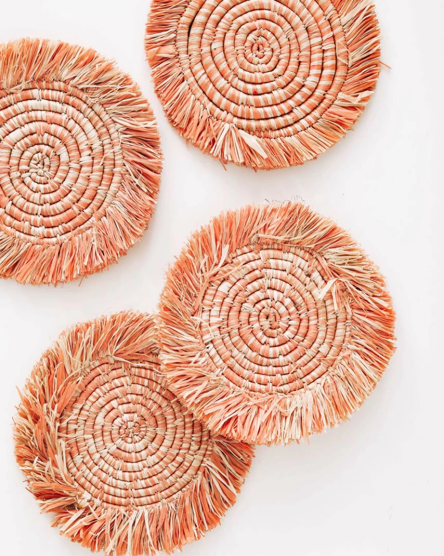 "Edlyn Fringed Raffia Coasters – Set of 4 Bohemian Style Drink Coasters for Home Decor"