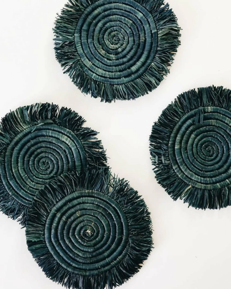 "Edlyn Fringed Raffia Coasters – Set of 4 Bohemian Style Drink Coasters for Home Decor"