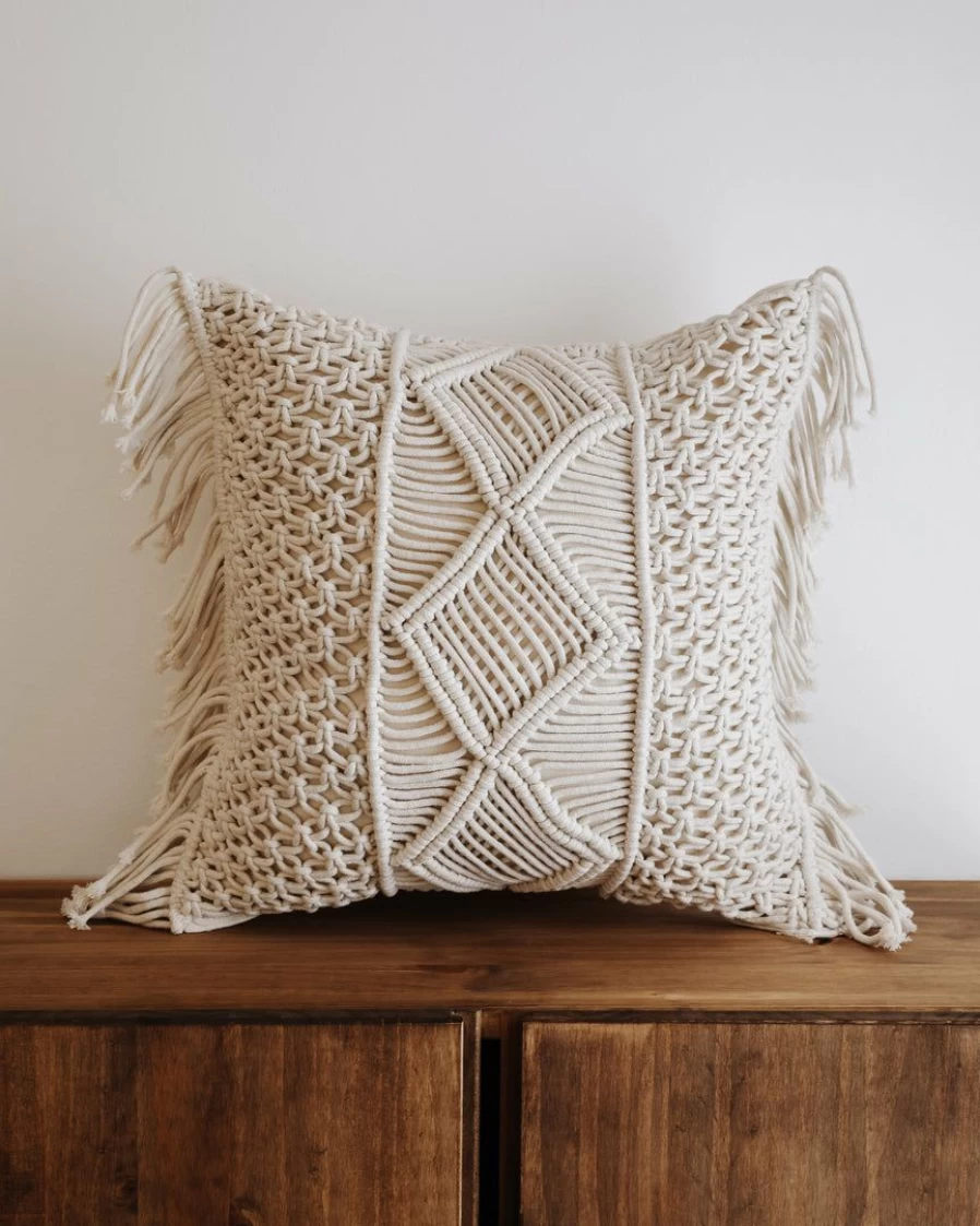 Hand Woven Macrame Pillow Cover - Boho Home Decor - Decorative Throw Pillow Case - Cotton Cushion Cover