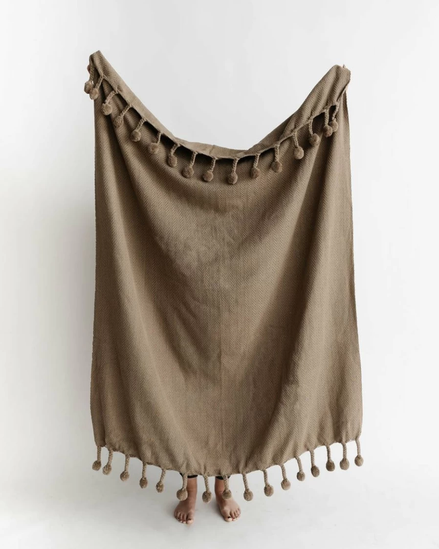 "Bloomingville Herringbone Knit Throw with Pom Pom Trim - Cozy Decorative Blanket"