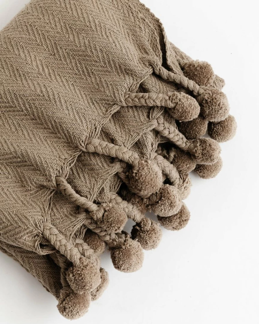 "Bloomingville Herringbone Knit Throw with Pom Pom Trim - Cozy Decorative Blanket"
