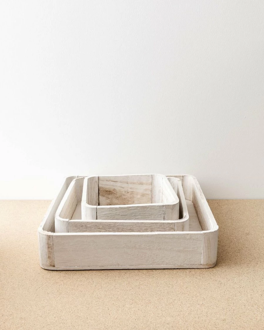 47th & Main Natural Wood Nesting Trays Set - Rustic Bleached Finish Stackable Organizer for Home Decor