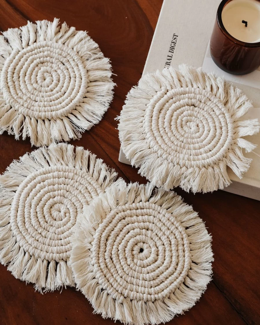 Hand Woven Macrame Coasters Set – Boho Chic Home Decor – Natural Fiber Drink Holders – Stylish Tabletop Accessories