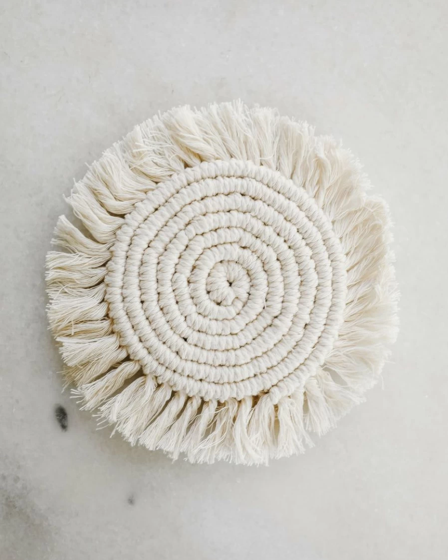 Hand Woven Macrame Coasters Set – Boho Chic Home Decor – Natural Fiber Drink Holders – Stylish Tabletop Accessories
