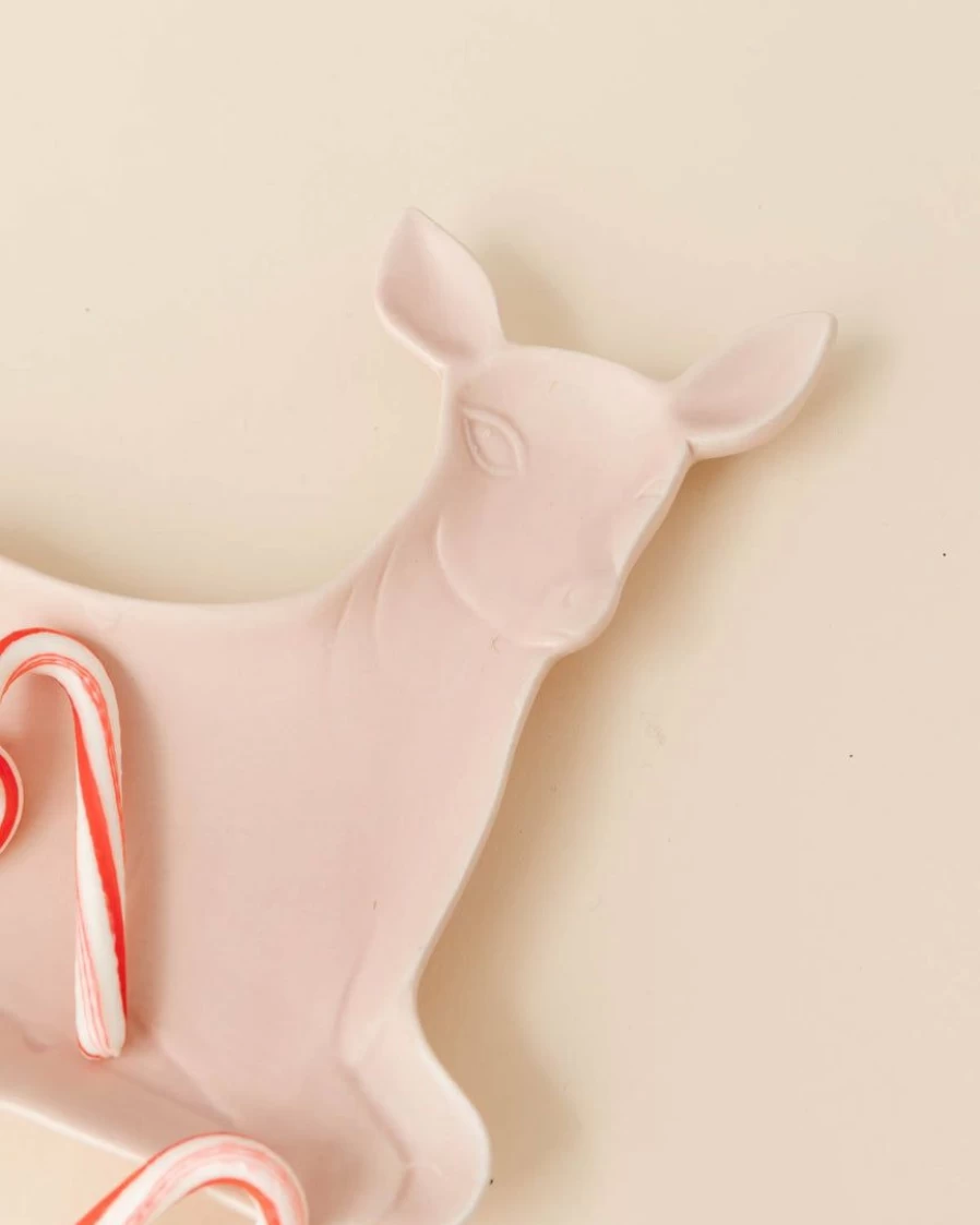 Pink Deer Decorative Stoneware Dish by Lone Fox - Handmade Ceramic Plate for Home Decor