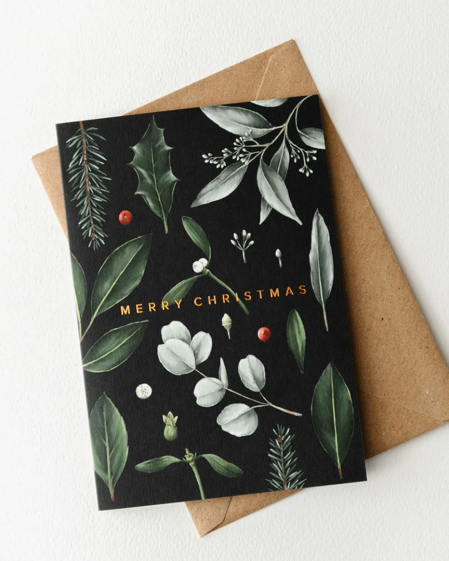 Elegant Black Greenery Christmas Card by Catherine Lewis Design – Festive Holiday Greeting
