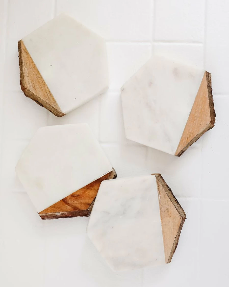 Hexagon Cork Coasters Set of 6 with Contrast Geometric Design for Drinks - Absorbent and Durable Home Bar Accessories