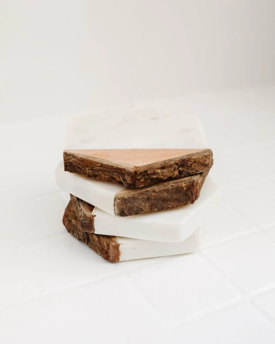 Hexagon Cork Coasters Set of 6 with Contrast Geometric Design for Drinks - Absorbent and Durable Home Bar Accessories