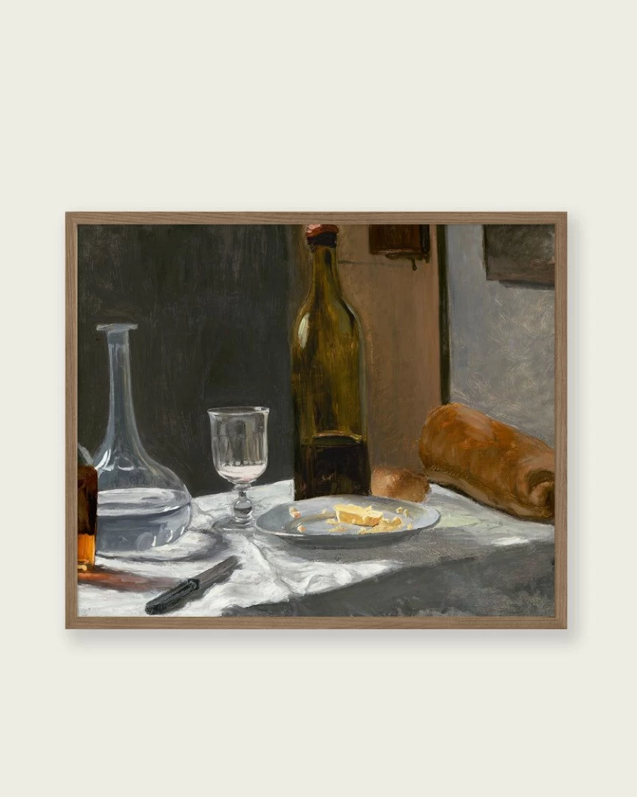 "Lone Fox Premium Art Print - Elegant Bottle, Carafe, Bread, and Wine Still Life Wall Decor"