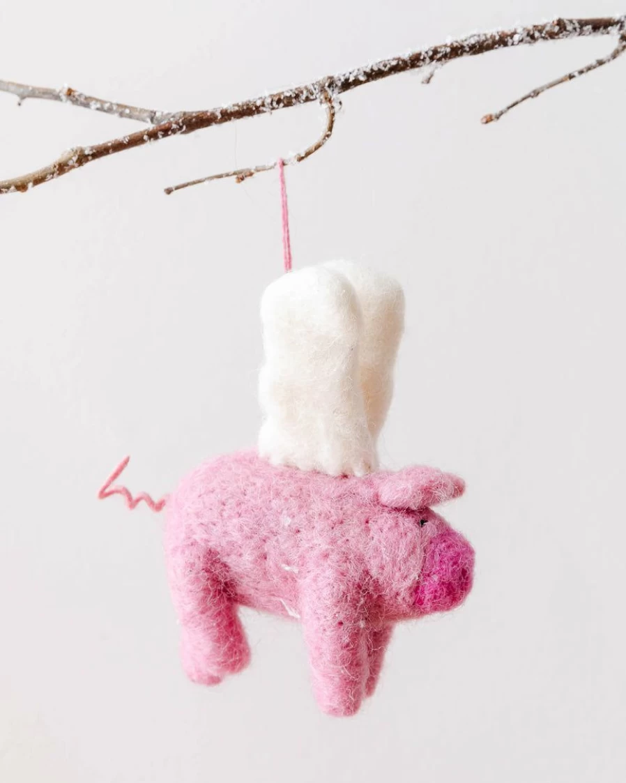 "Hand-Felted Flying Pig Ornament – Unique Wool Felt Decorative Hanging Art"