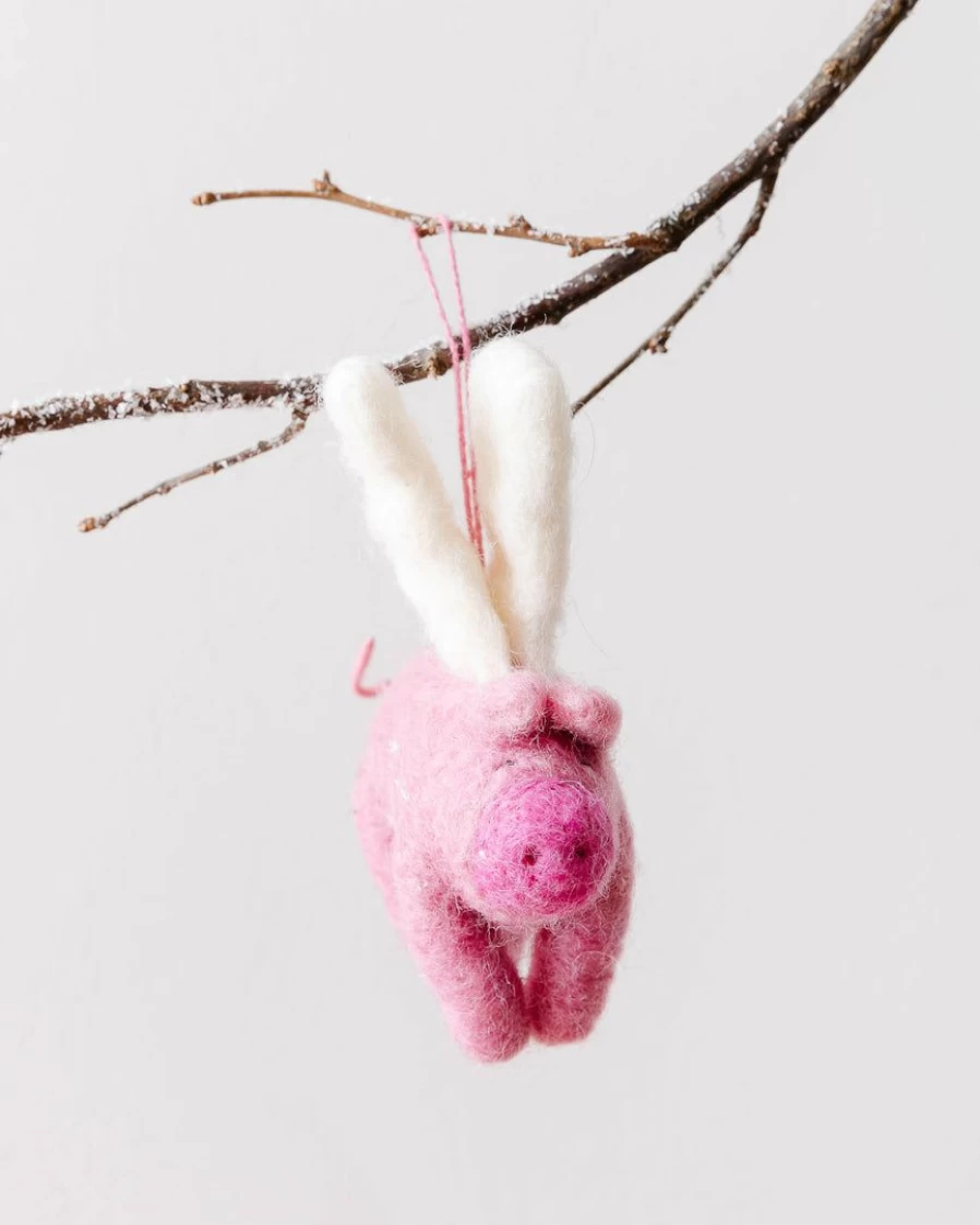 "Hand-Felted Flying Pig Ornament – Unique Wool Felt Decorative Hanging Art"