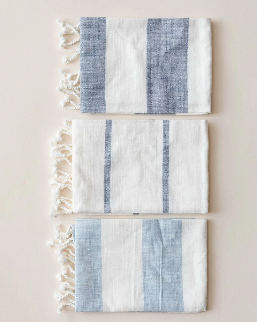 Coastal Striped Tea Towel Set - Bloomingville Style Kitchen Linens for Beach House Decor
