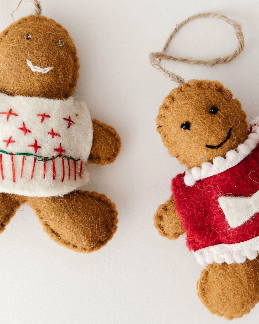 Handmade Wool Felt Gingerbread Christmas Ornaments - Festive Holiday Decor
