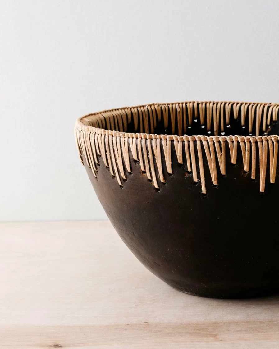 Handwoven Rattan Stitched Terracotta Bowl – Artisan Crafted Decorative Serving Bowl