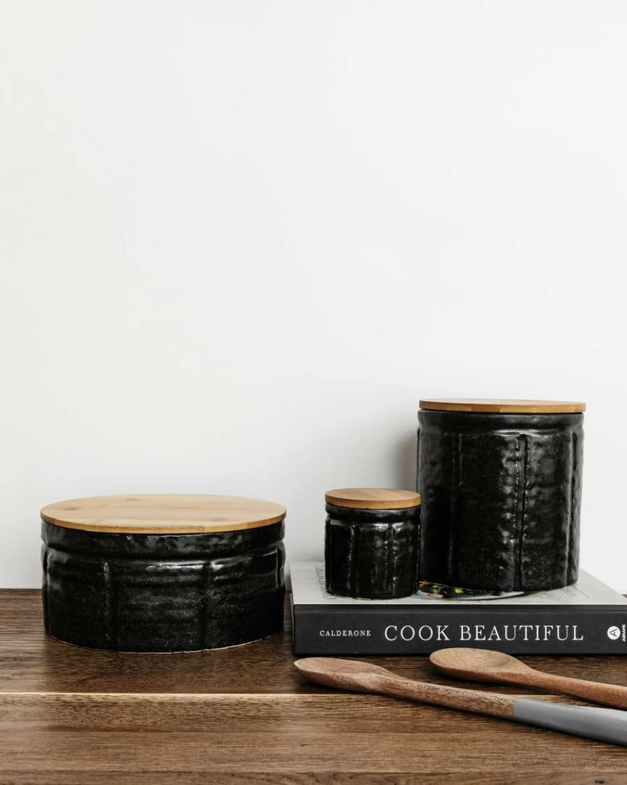 Lone Fox Addie Stoneware Canisters with Bamboo Lid - Airtight Kitchen Storage Containers for Flour, Sugar, Coffee