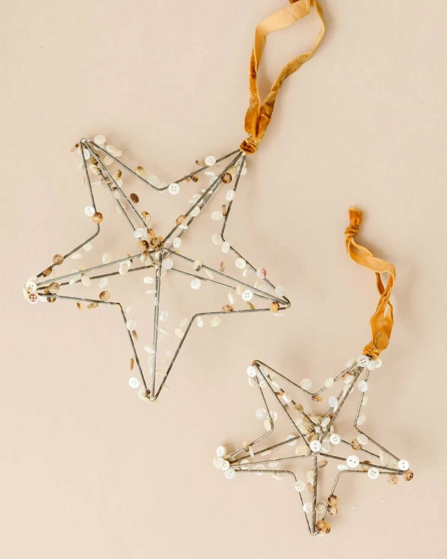Vintage Metal Star Button Ornaments - Set of 3 Decorative Rustic Home Accents