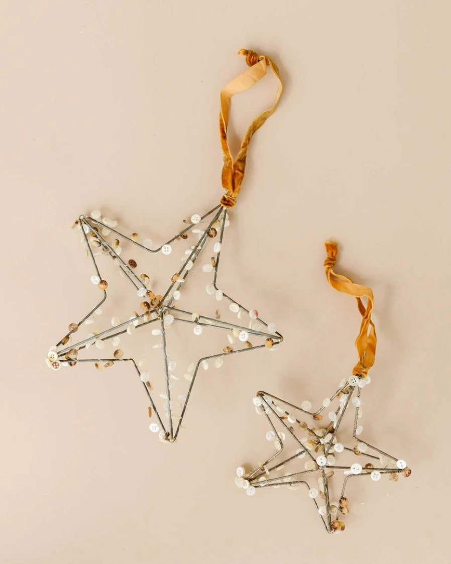 Vintage Metal Star Button Ornaments - Set of 3 Decorative Rustic Home Accents
