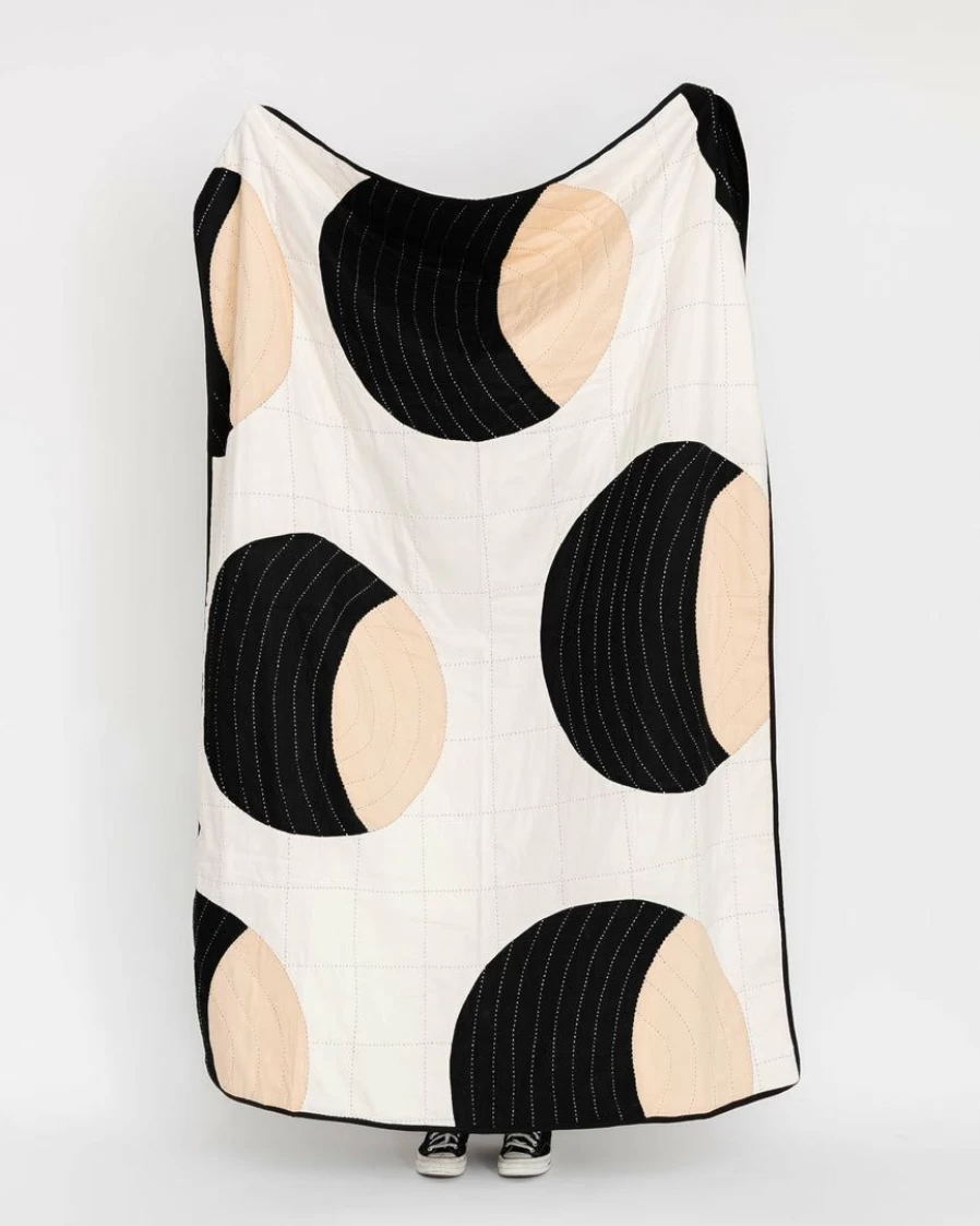 Hand-Sewn Charcoal Cotton Crescent Quilt by Anchal - Boho Bedspread & Throw Blanket