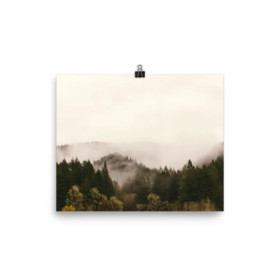 "Mist Over Dark Green Woods Art Print - Lone Fox Nature Landscape Wall Decor"