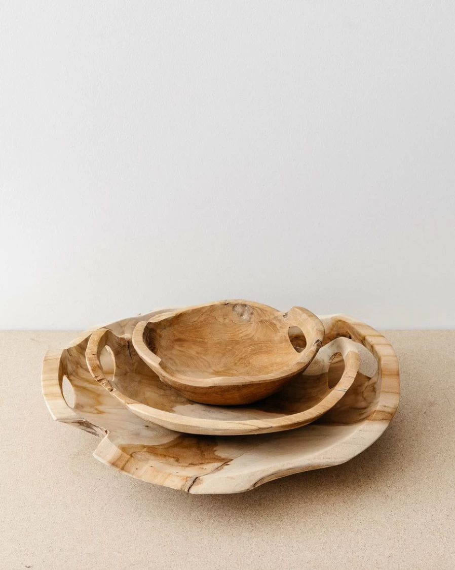 Hand Carved Teak Wood Serving Trays, Set of 3, Handmade Decorative Wooden Trays for Home Decor