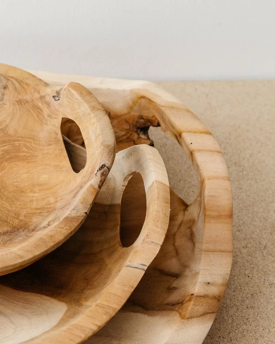 Hand Carved Teak Wood Serving Trays, Set of 3, Handmade Decorative Wooden Trays for Home Decor